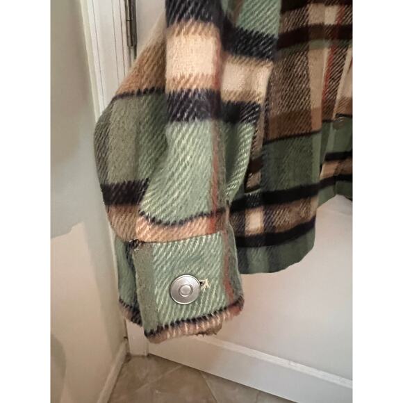 Zara Women's Large Button Down Shirt Check Plaid Beige Green Oversized Jacket - Picture 5 of 8